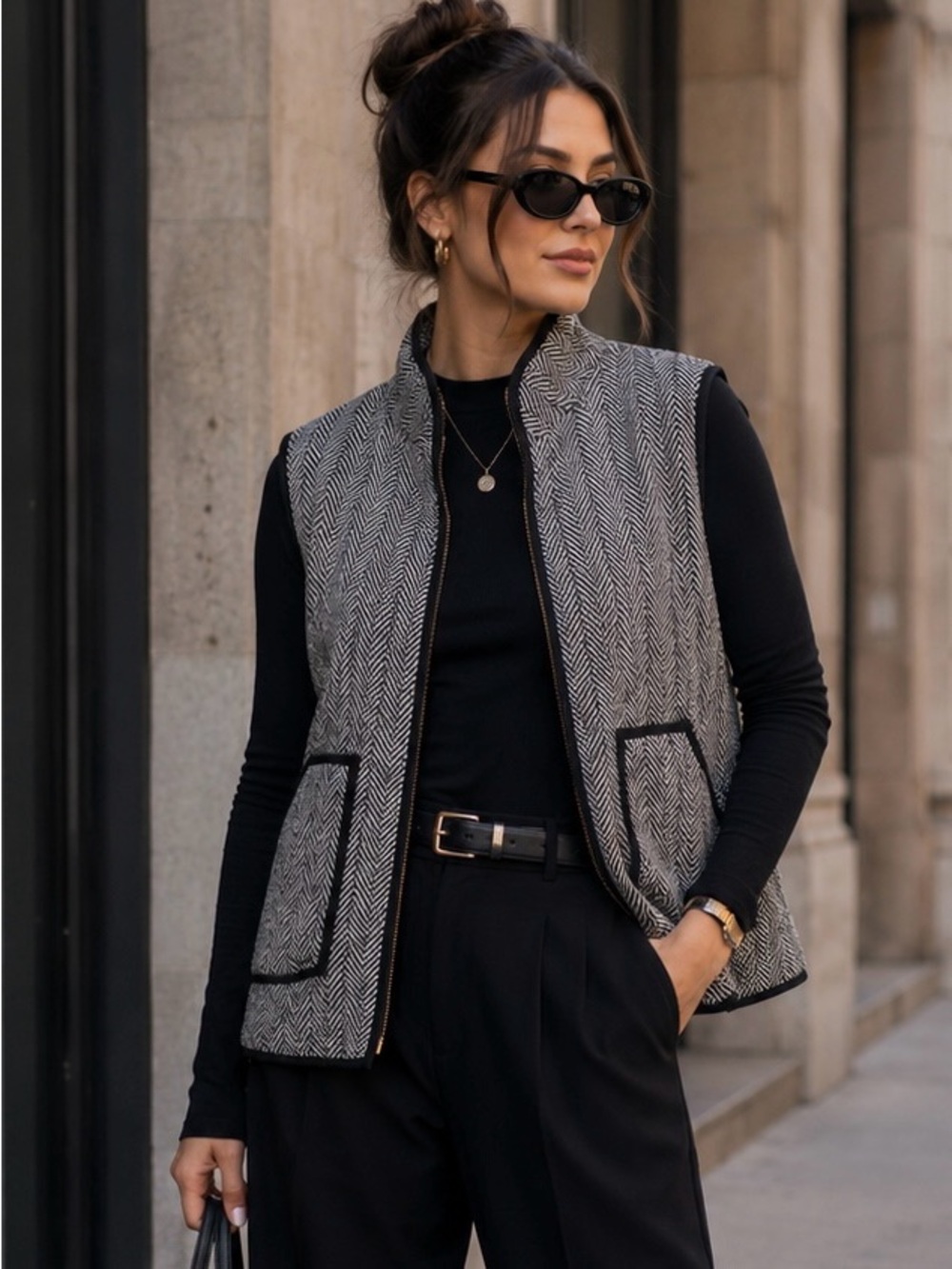 Herringbone Quilted Vest - Black & White